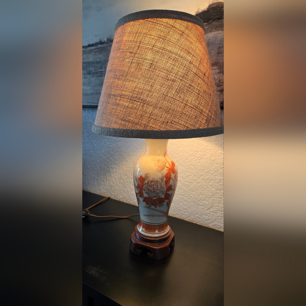 Vintage Ceramic Floral Table Lamp Crackle Glaze Orange Flower Asian Style Wood